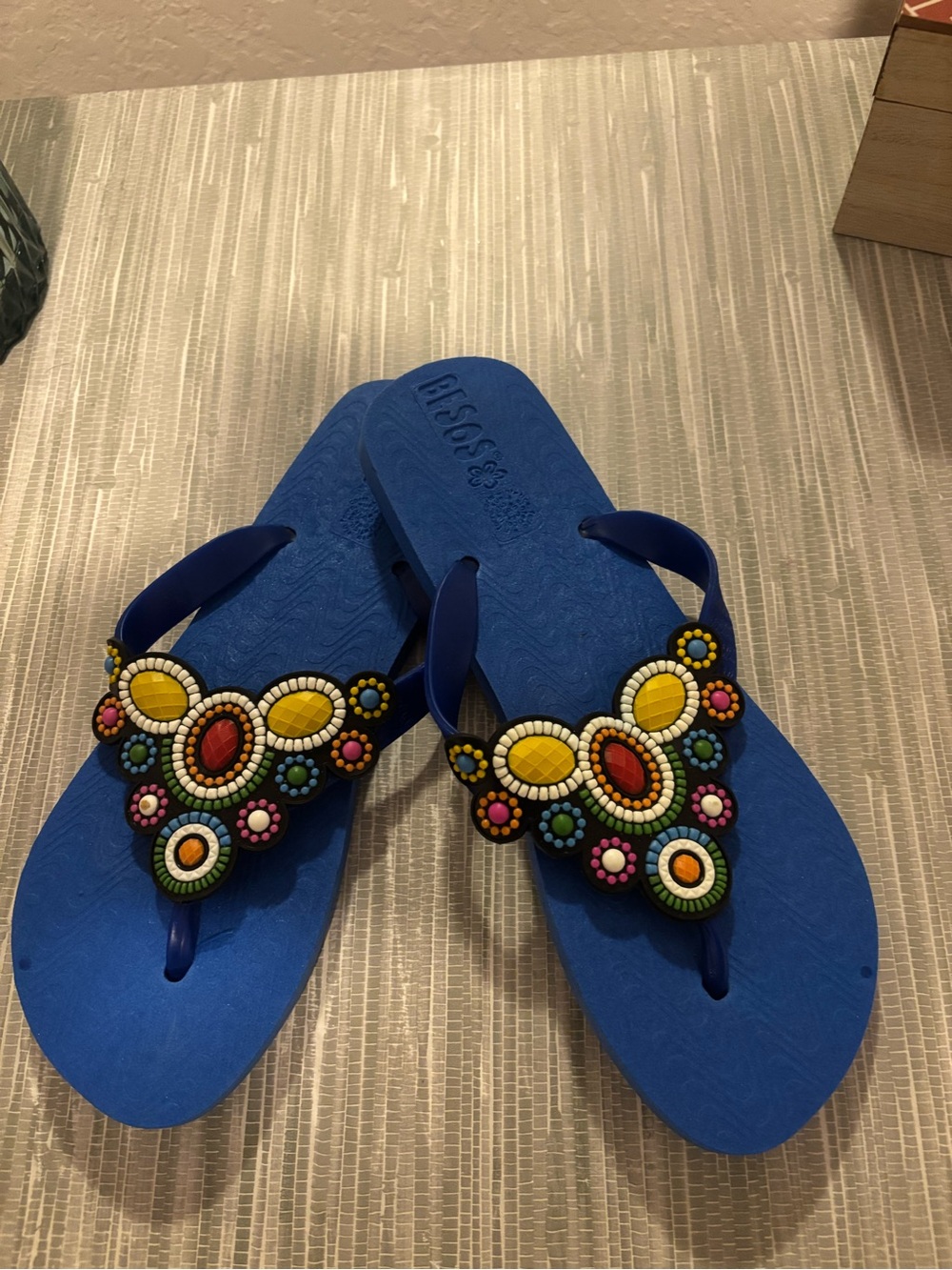 Besos Beaded Blue Women's Flip Flop Sandals - Colorful Embellished Design